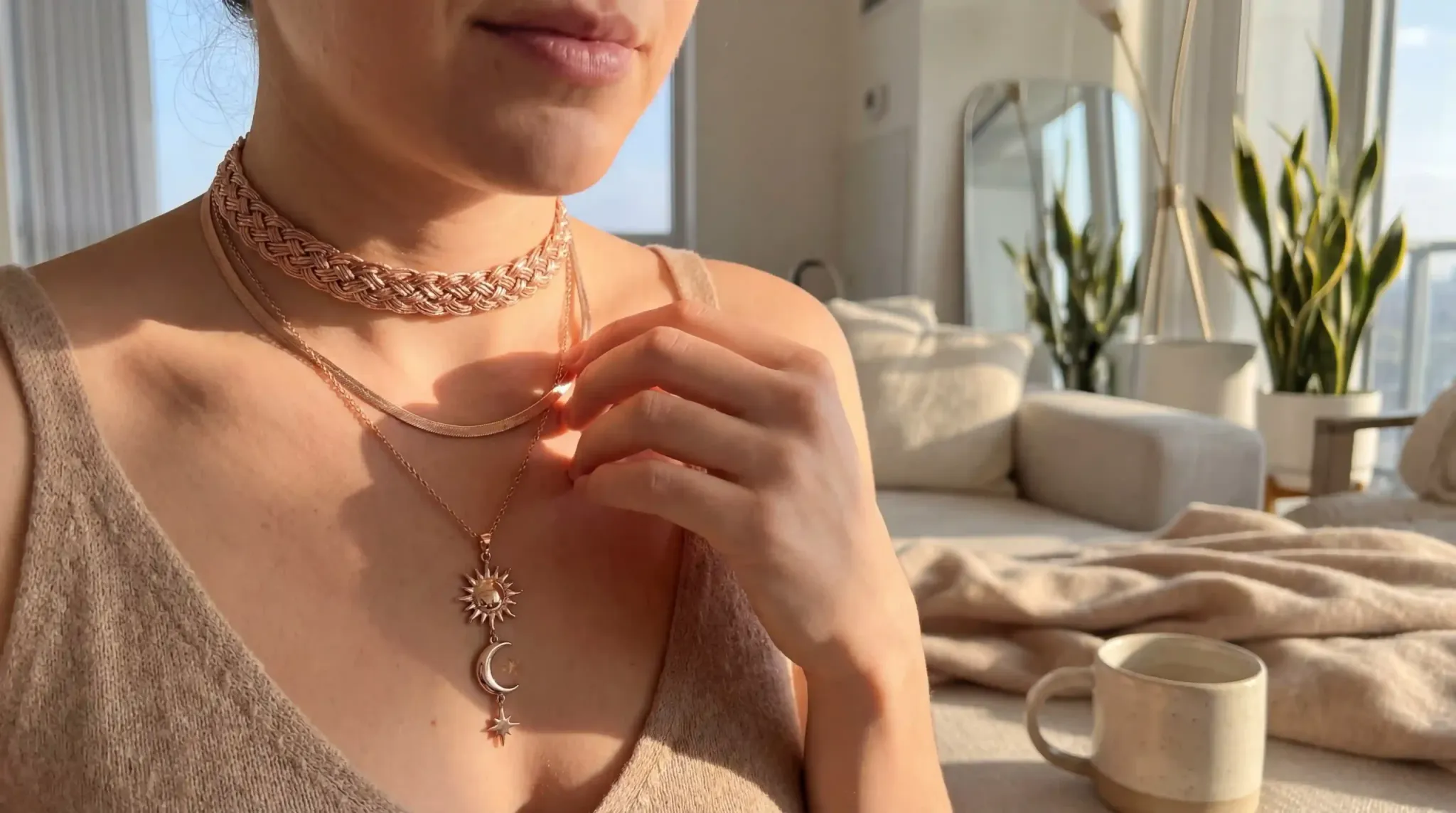 A lifestyle shot of a woman wearing layered rose gold necklaces of varying textures and lengths.