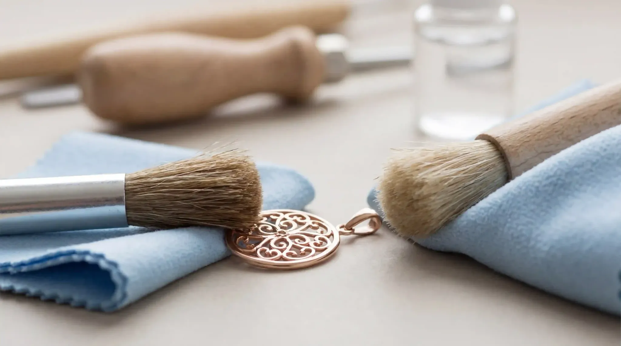 A step-by-step visual guide showing a soft-bristle brush and cloth cleaning a rose gold pendant.