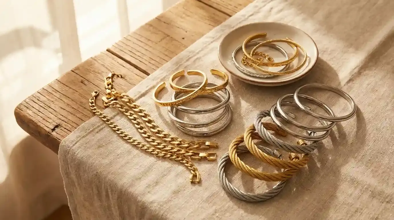 A lifestyle flatlay featuring a mix of gold PVD and silver-tone stainless steel bracelets, demonstrating textural contrast.