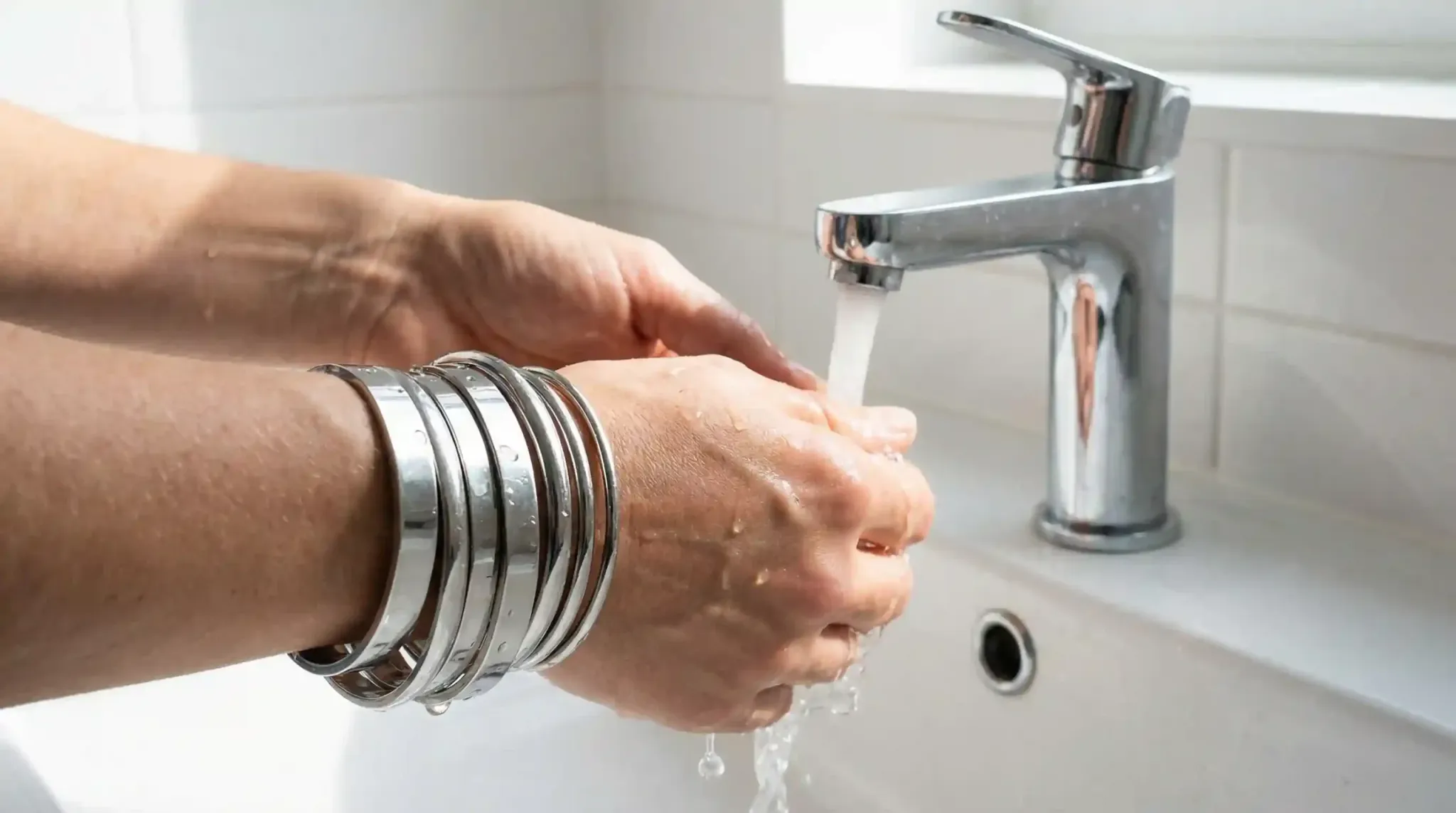 A person washing their hands while wearing several thick stainless steel bangles.