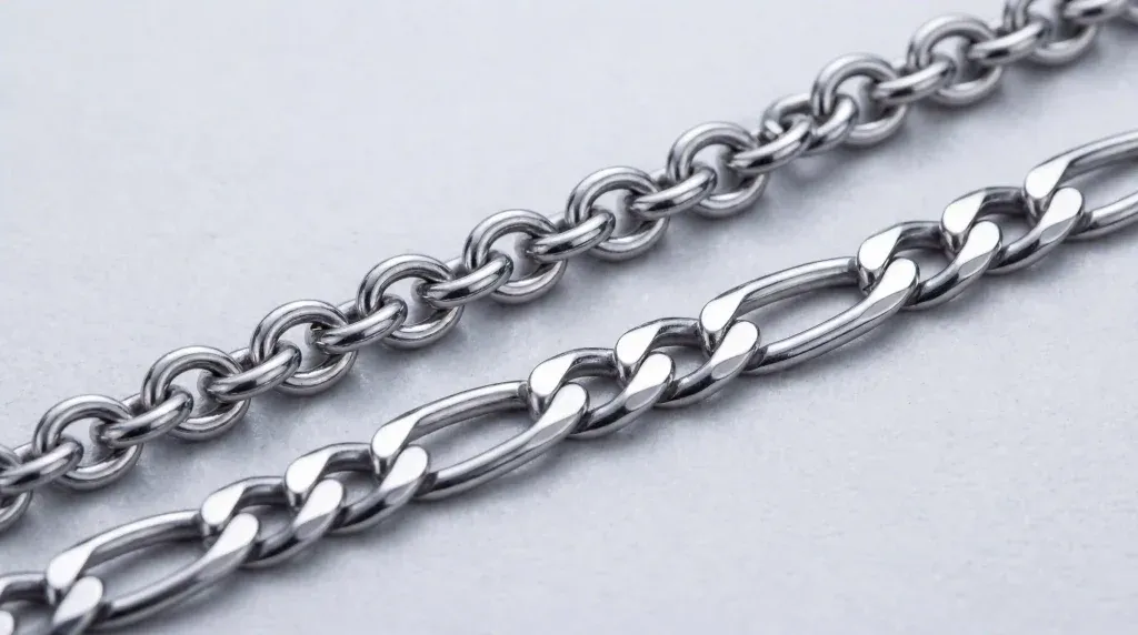 A detailed macro photography shot of 316L stainless steel cable and Figaro chains on a clean white background.