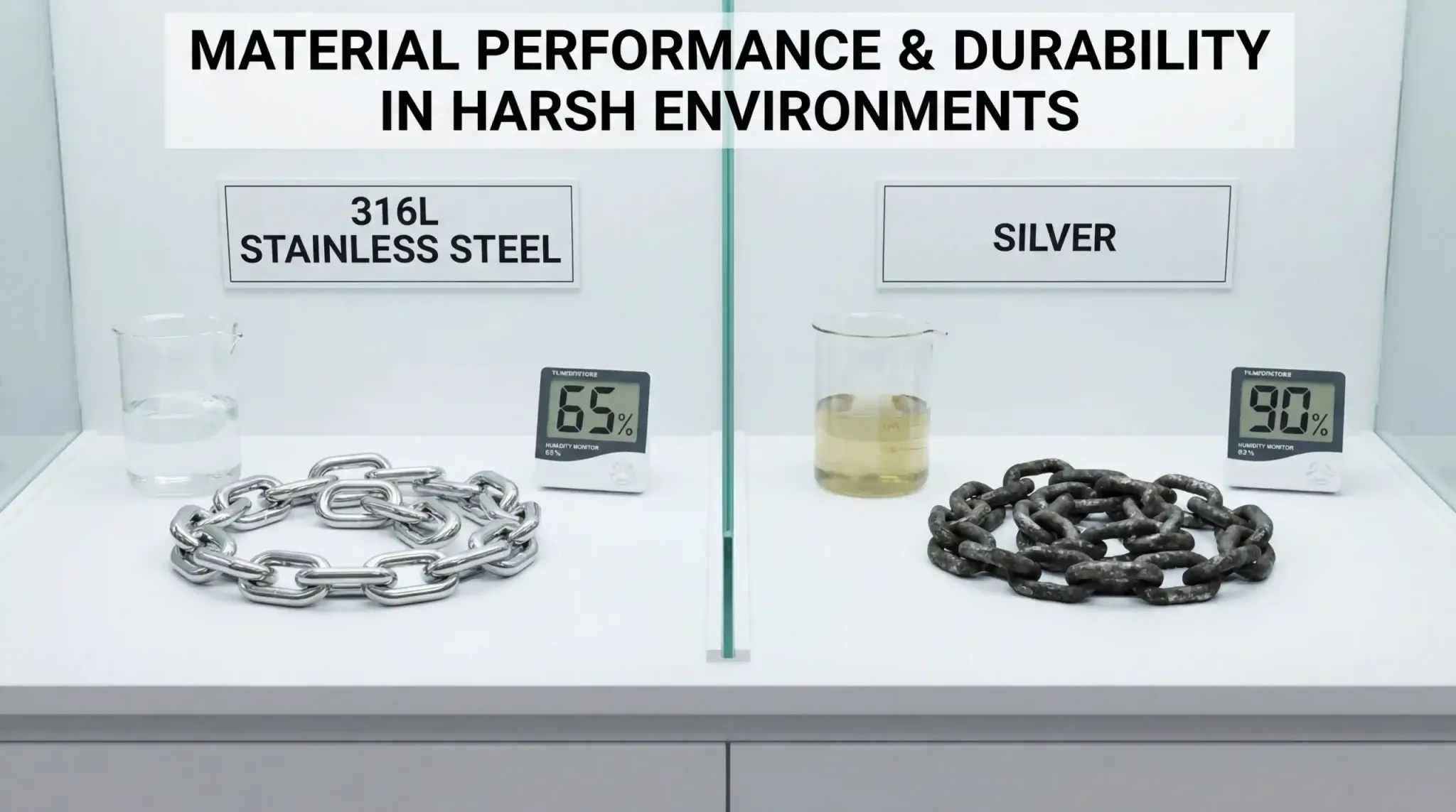 A side-by-side comparison image showing 316L stainless steel remaining pristine while silver corrodes in a simulated high-humidity environment.