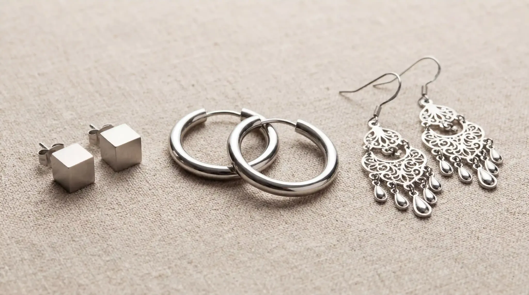 A display of various stainless steel earring styles including studs, hoops, and intricate chandelier drops on a neutral background.