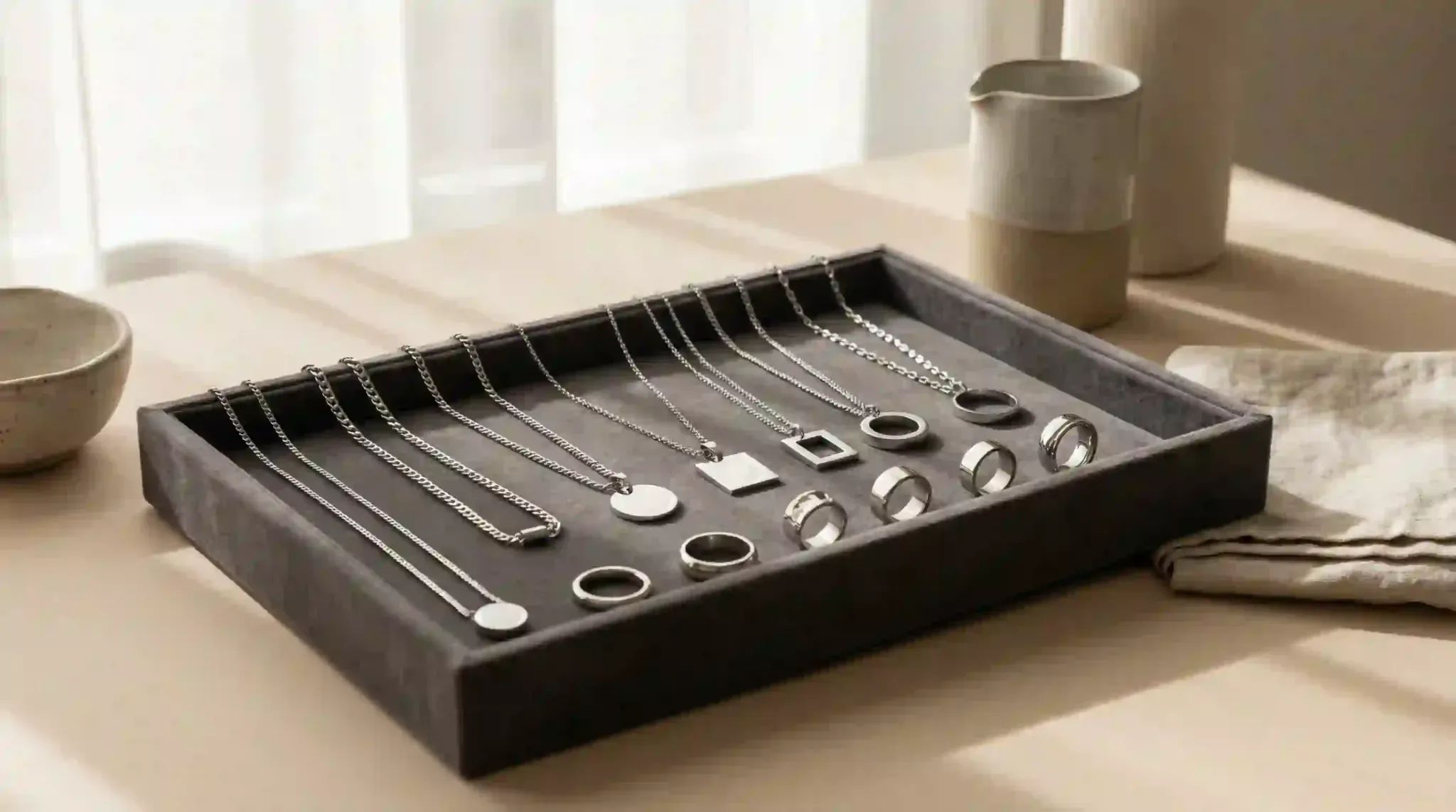 A presentation tray of stainless steel rings and necklaces showing variety