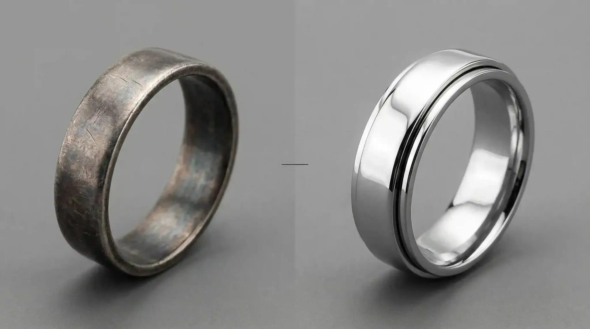 A side-by-side comparison showing a tarnished silver ring next to a pristine 316L stainless steel rotating ring