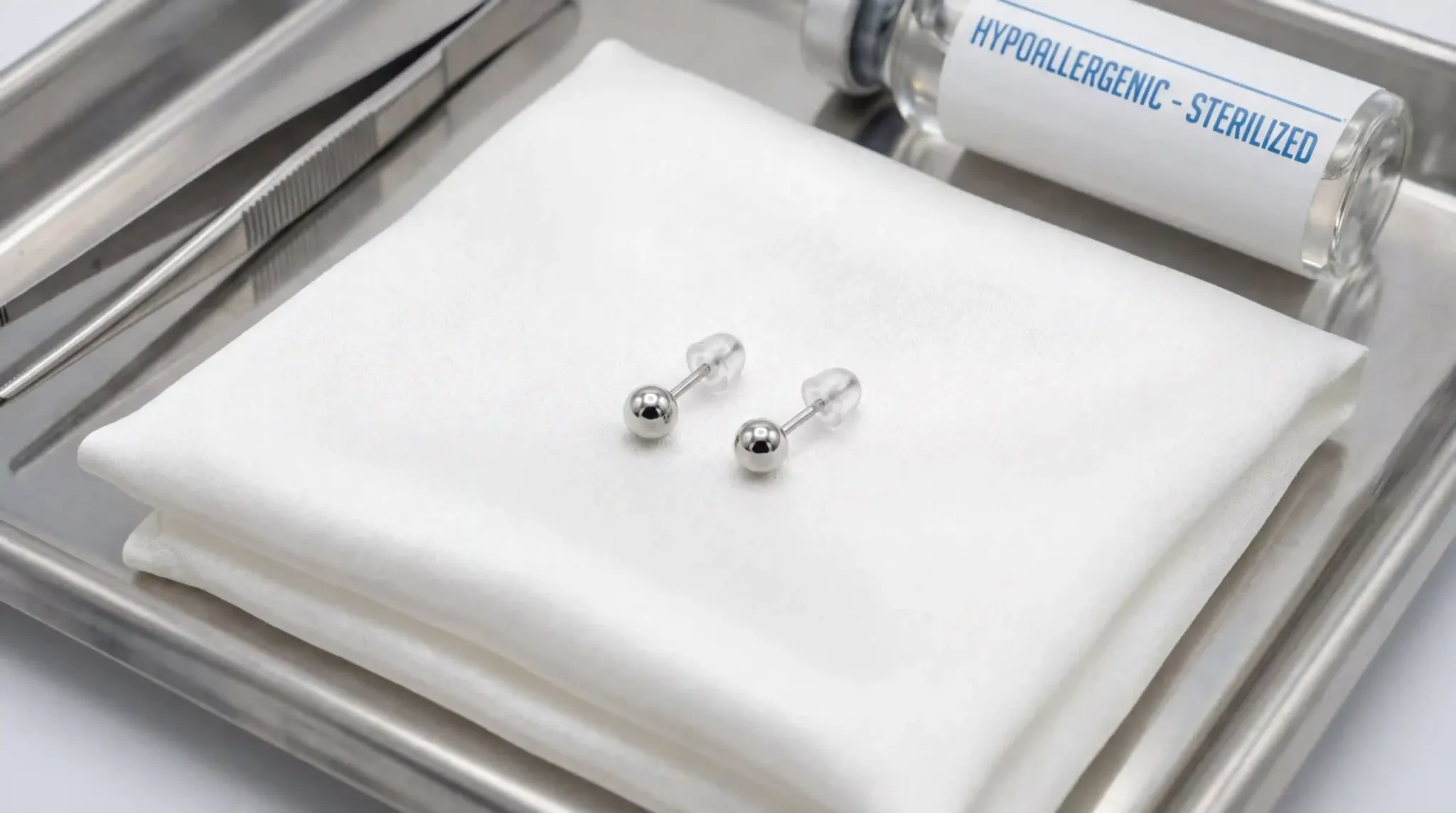 Pair of surgical steel ball earrings on a white cloth in a medical tray, labeled as hypoallergenic and sterilized.
