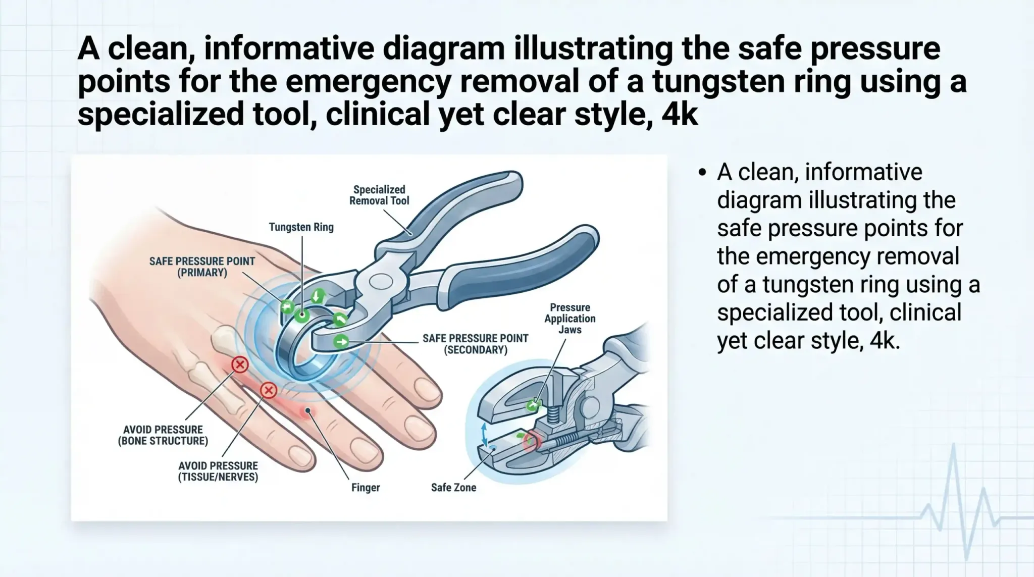 A clean, informative diagram illustrating the safe pressure points for the emergency removal of a tungsten ring