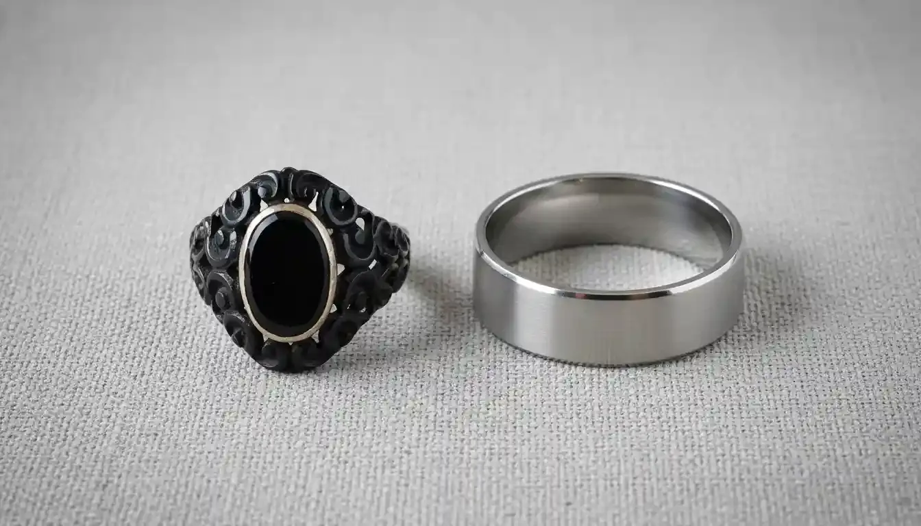 Vintage Victorian Mourning Ring versus Modern Minimalist Stainless Steel Band Comparison