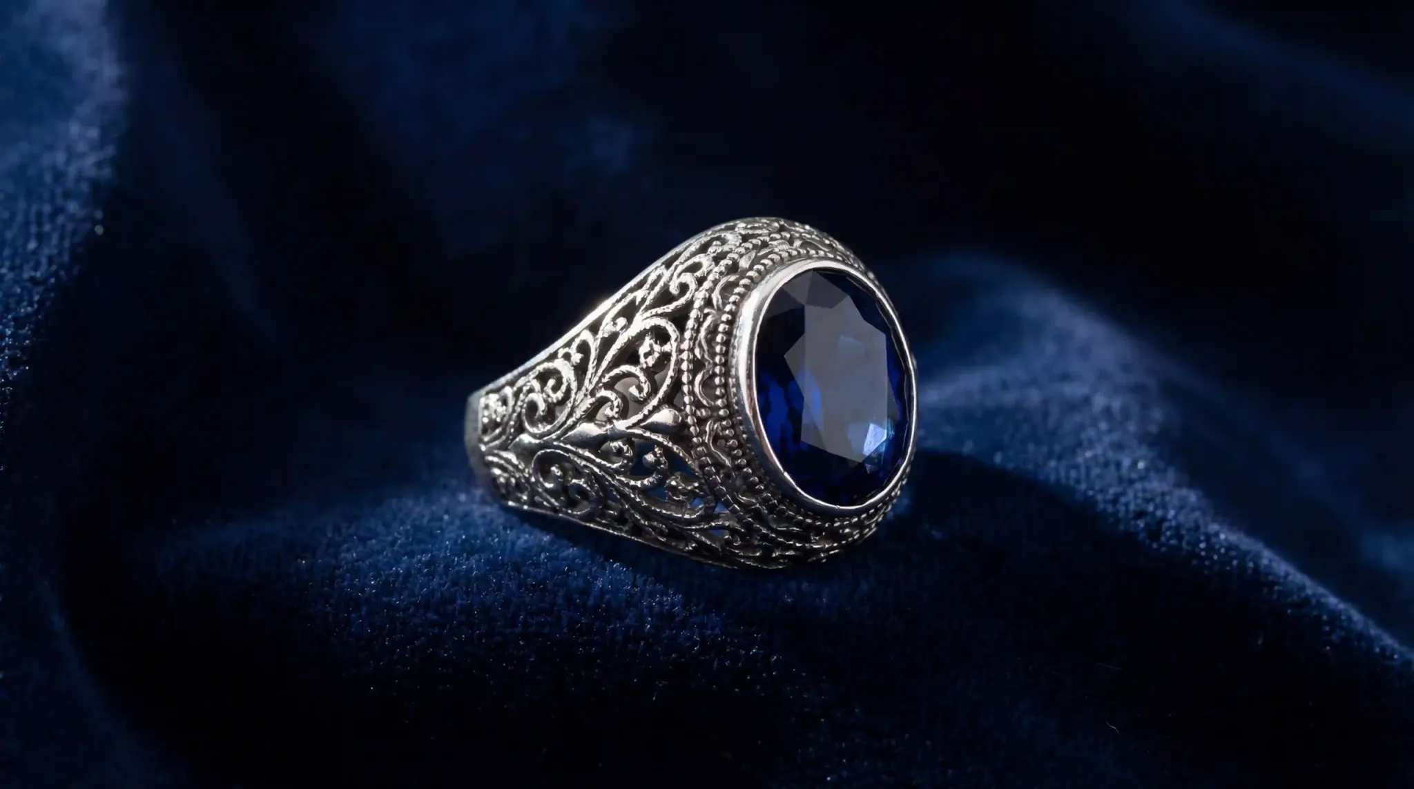Ornate vintage silver ring with a large blue sapphire on dark blue velvet