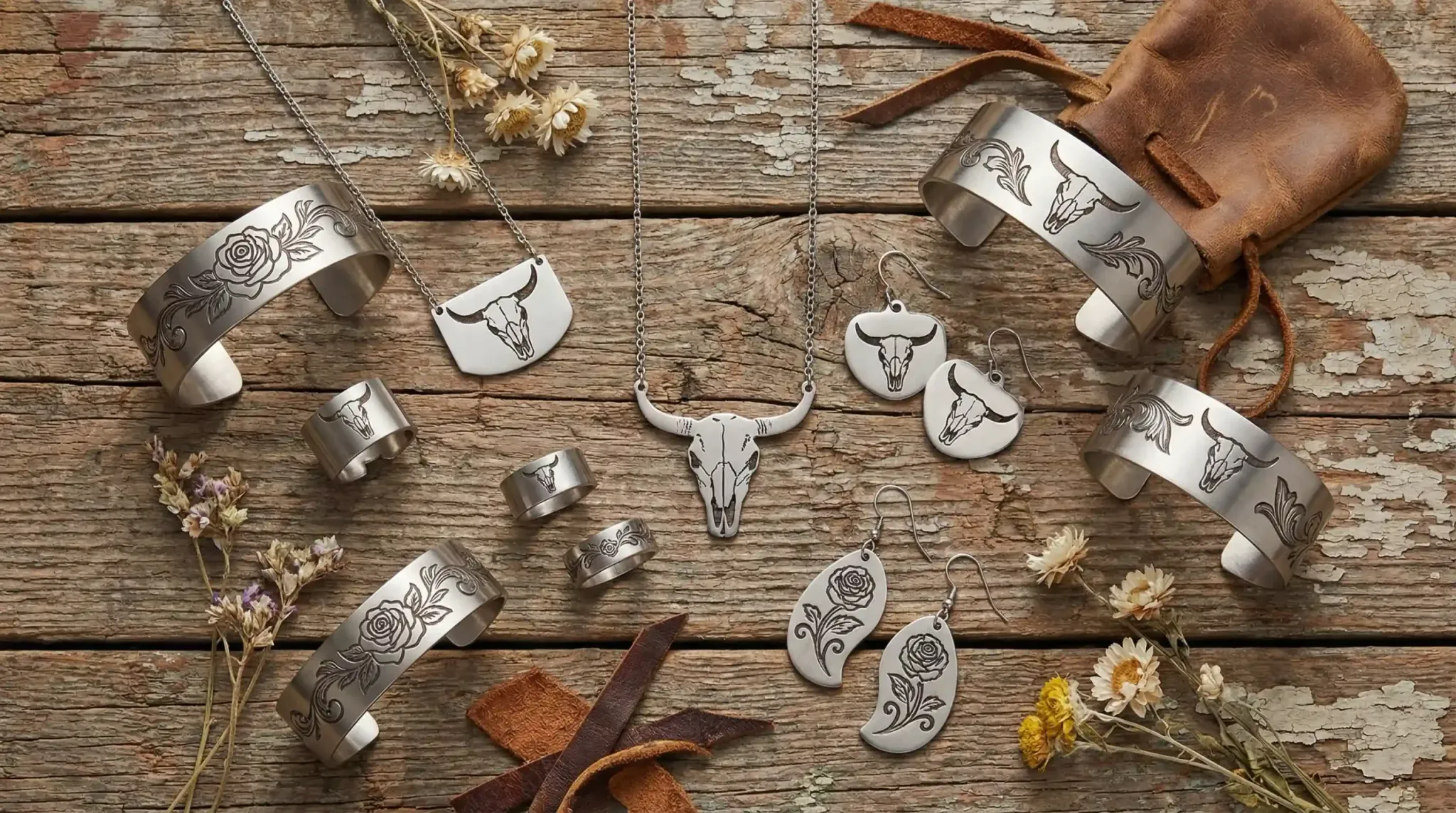 western stainless steel jewelry flat lay