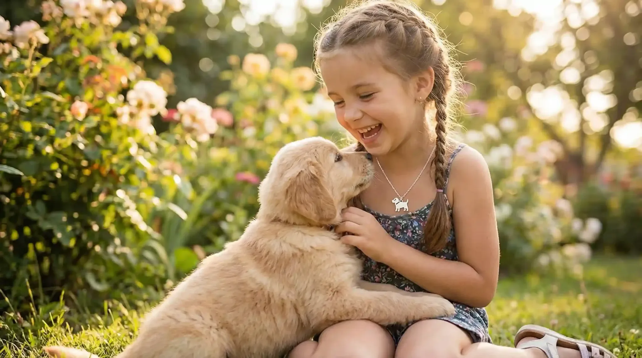 A young girl smiling while wearing a golden retriever pendant necklace.